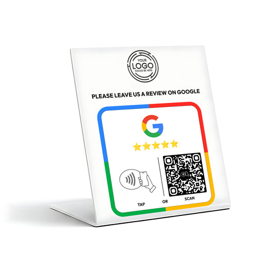 The image is a sign that encourages users to leave reviews on Google, featuring a Google logo, a QR code, and a button for either tapping or scanning.