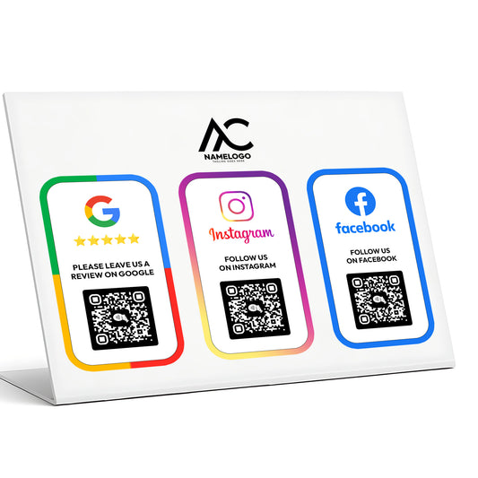a sign with three QR codes and three social media platforms: Google, Instagram, and Facebook. The sign encourages users to leave reviews on Google and follow us on Instagram and Facebook.