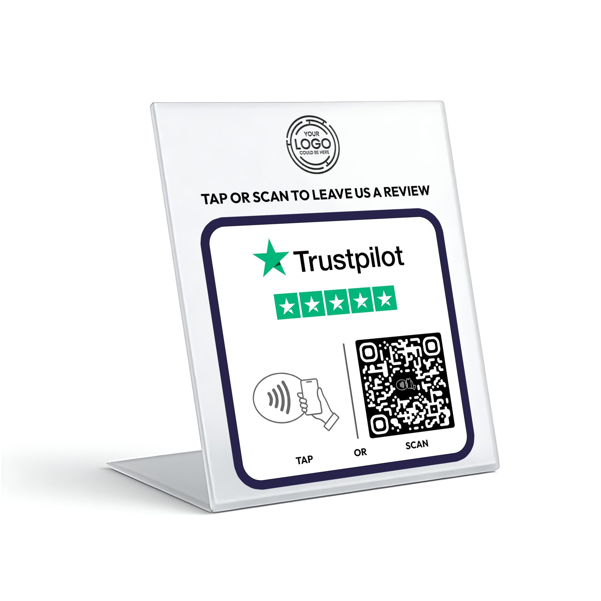 a sign with instructions for leaving a review on a platform called Trustpilot. The sign includes a QR code and a star symbol, indicating that the review is being left by a user with a rating of 5 stars. The sign also provides options for "TAP" or "SCAN" to leave a review, and the platform is described as a "TRUSTPILOT" with a rating of 5 stars.