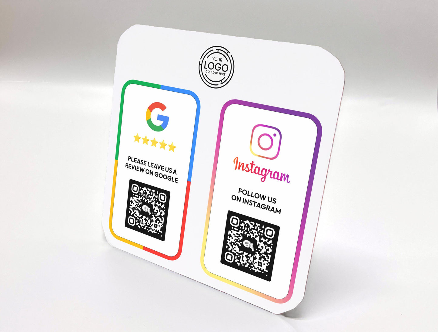 Detailed view of custom QR codes for Google, Facebook, Instagram, and Trustpilot on a sleek acrylic business review sign