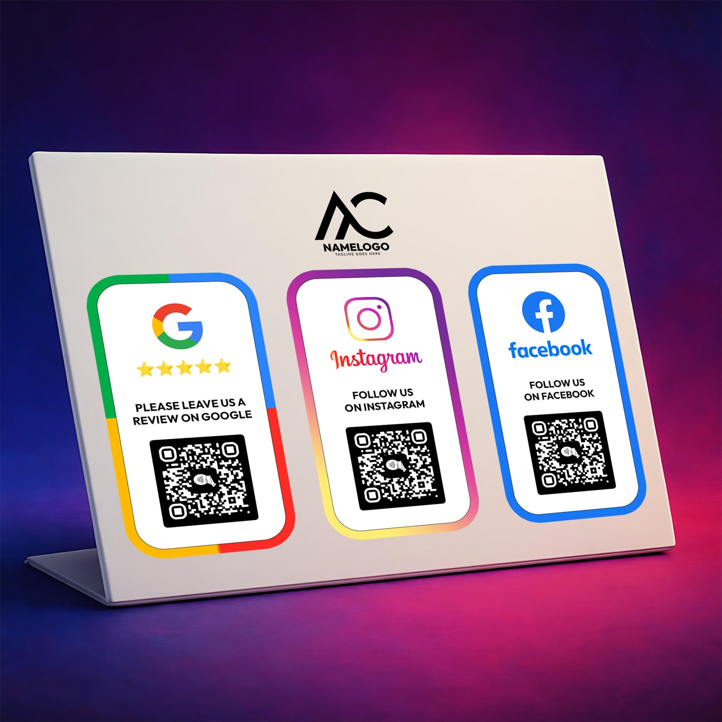 a display with three QR codes and three social media platforms: Google, Instagram, and Facebook.