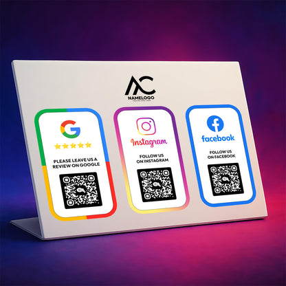a display with three QR codes and three social media platforms: Google, Instagram, and Facebook.