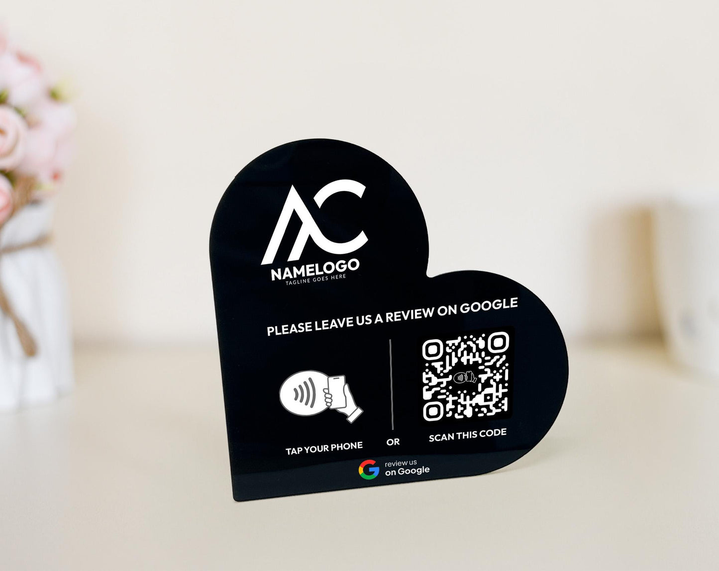 Heart-Shaped Google Review Plaque: NFC Tap & QR Code Sign