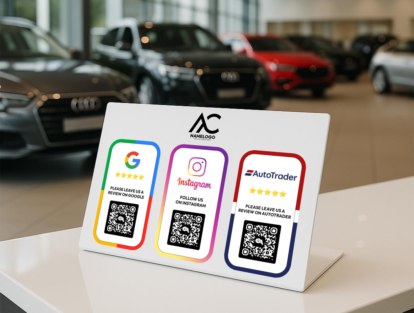 Customer tapping or scanning acrylic business display sign with smartphone – contactless digital access to business platforms