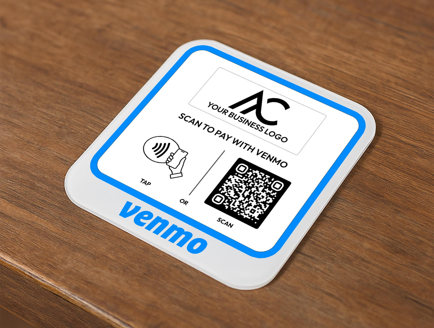 Close-Up of Venmo QR Code Sign with Business Branding on Reception Counter