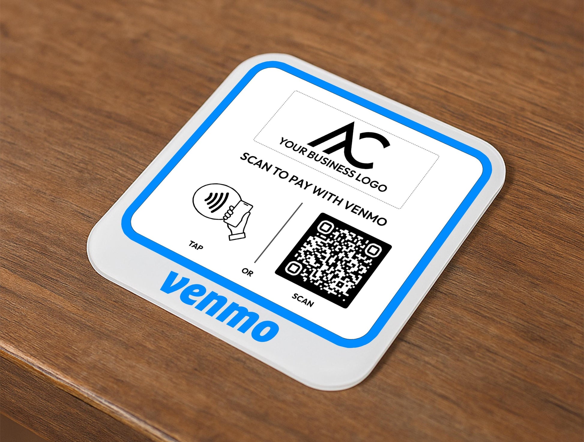Close-Up of Venmo QR Code Sign with Business Branding on Reception Counter