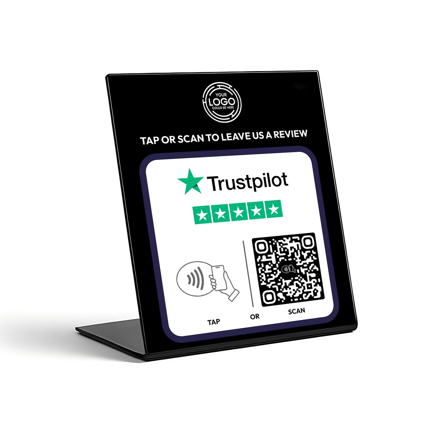 a sign with instructions for leaving a review, including a QR code and a star rating system.