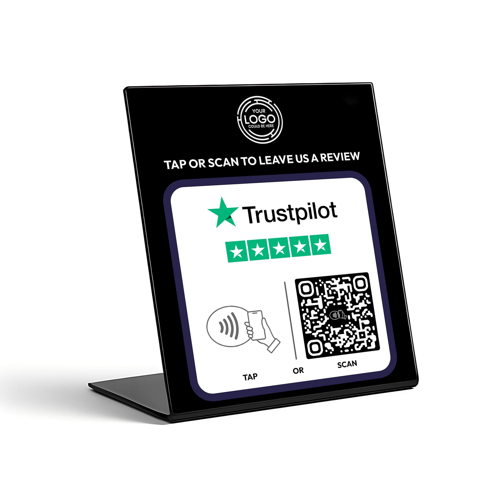a sign with instructions for leaving a review, including a QR code and a star rating system.