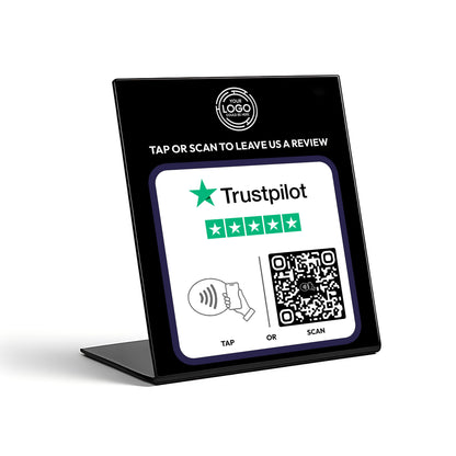 a sign with instructions for leaving a review, including a QR code and a star rating system.
