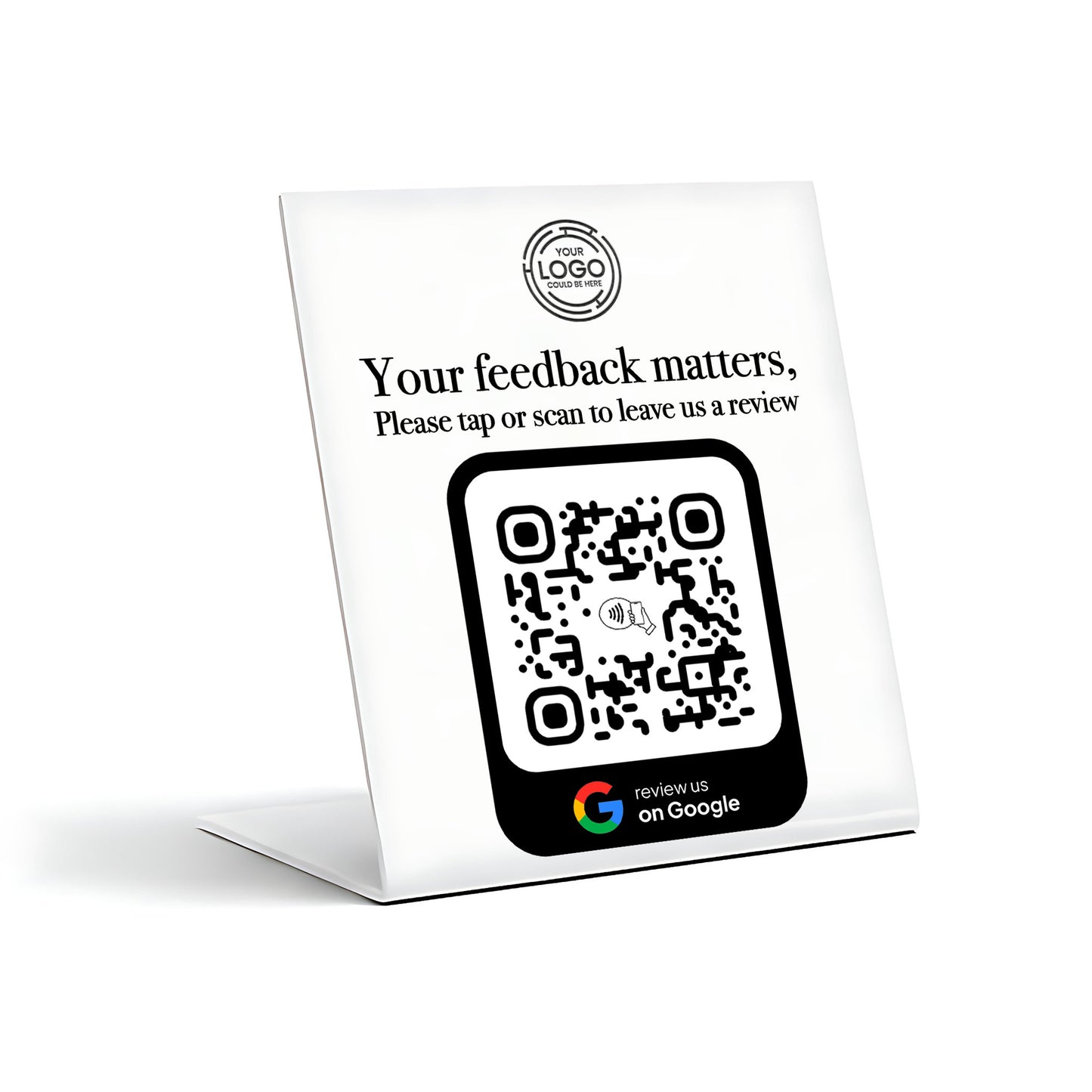 a sign with a QR code and instructions for leaving a review.