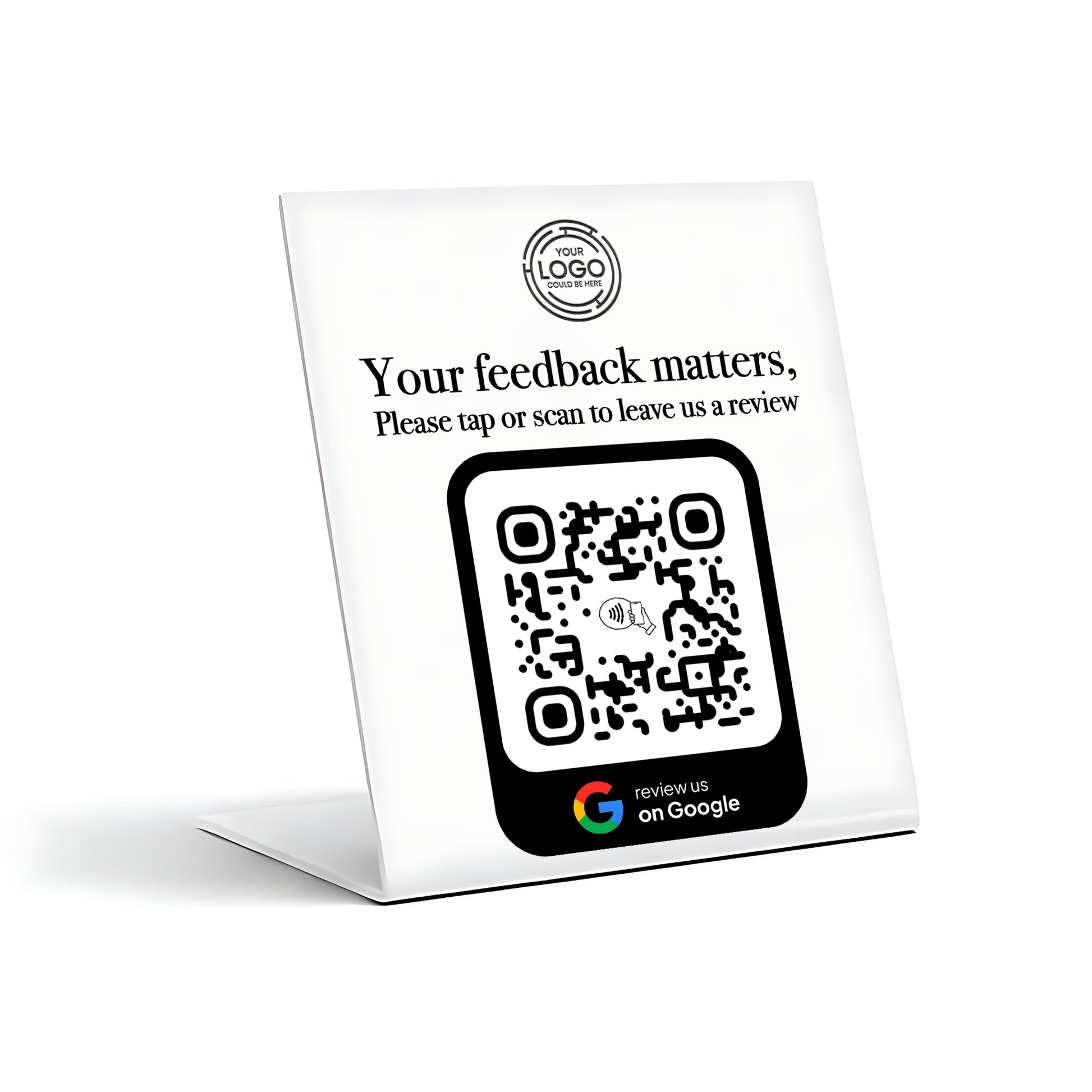 a sign with a QR code and instructions for leaving a review.