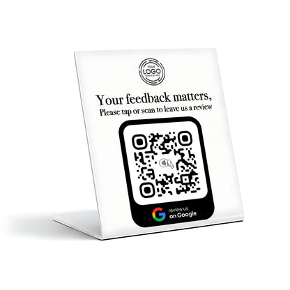 a sign with a QR code and instructions for leaving a review.