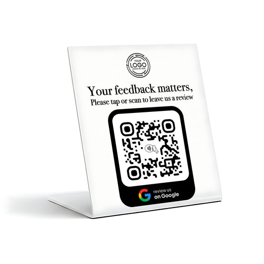 a sign with a QR code and instructions for leaving a review.