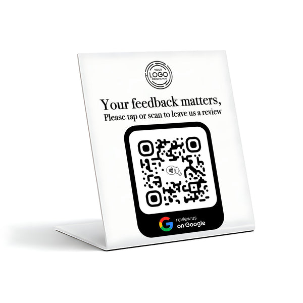 a sign with a QR code and instructions for leaving a review.