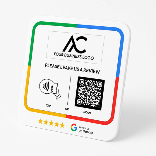 The image is a sign with a QR code and instructions for leaving a review.