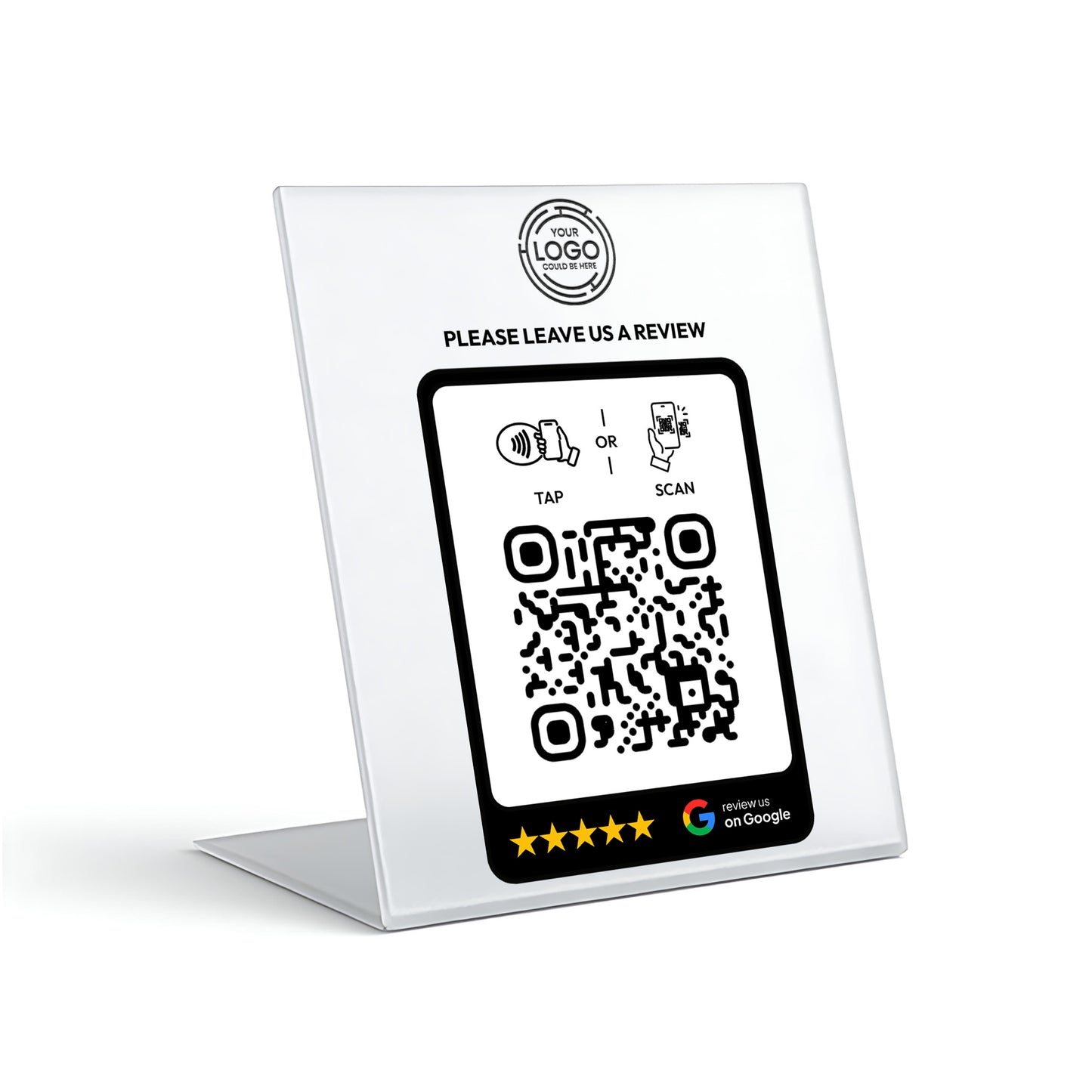 a QR code on a stand with instructions for leaving a review.