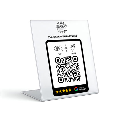 a QR code on a stand with instructions for leaving a review.