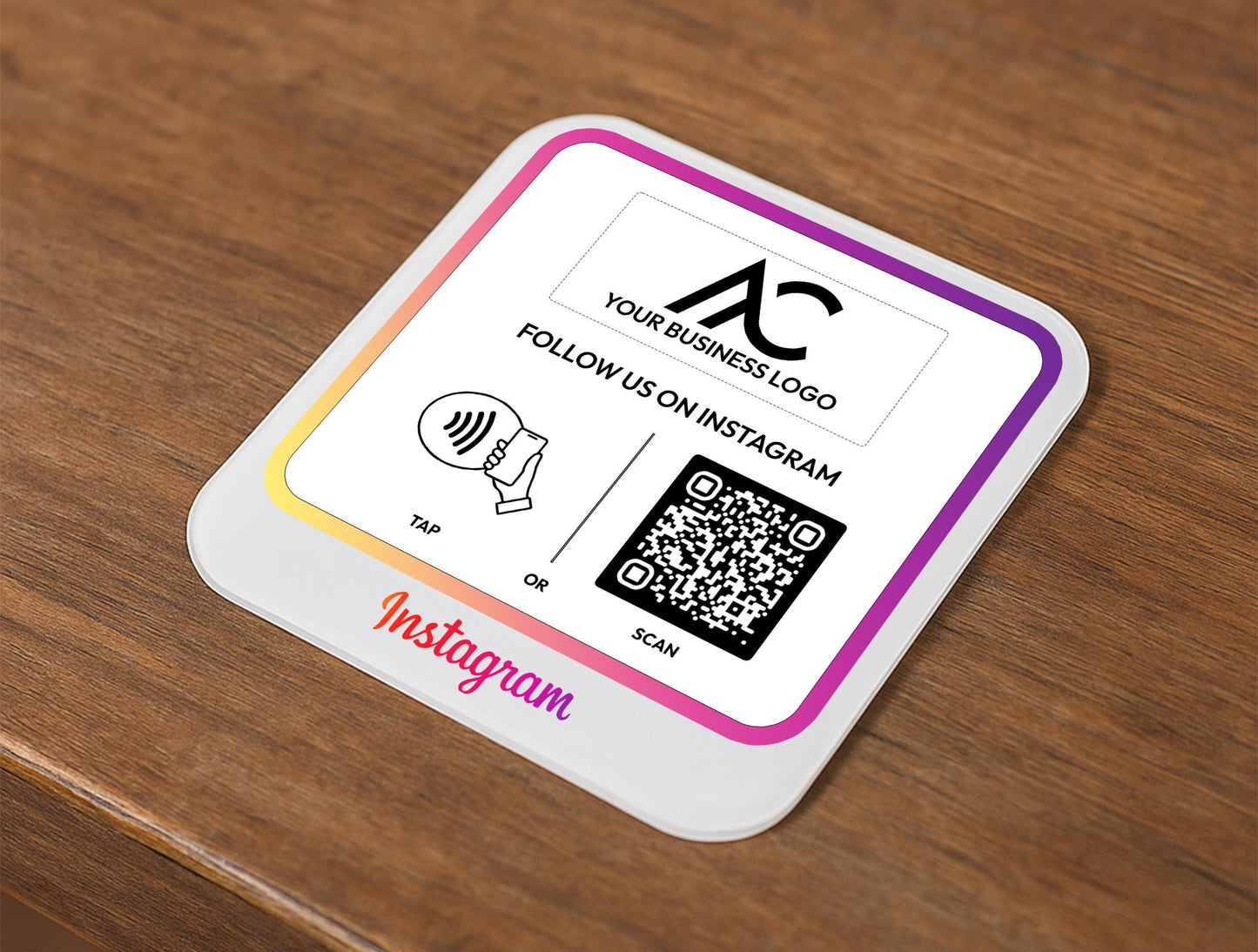 Close-Up of QR Code Table Sign with Instagram Handle and Custom Business Logo