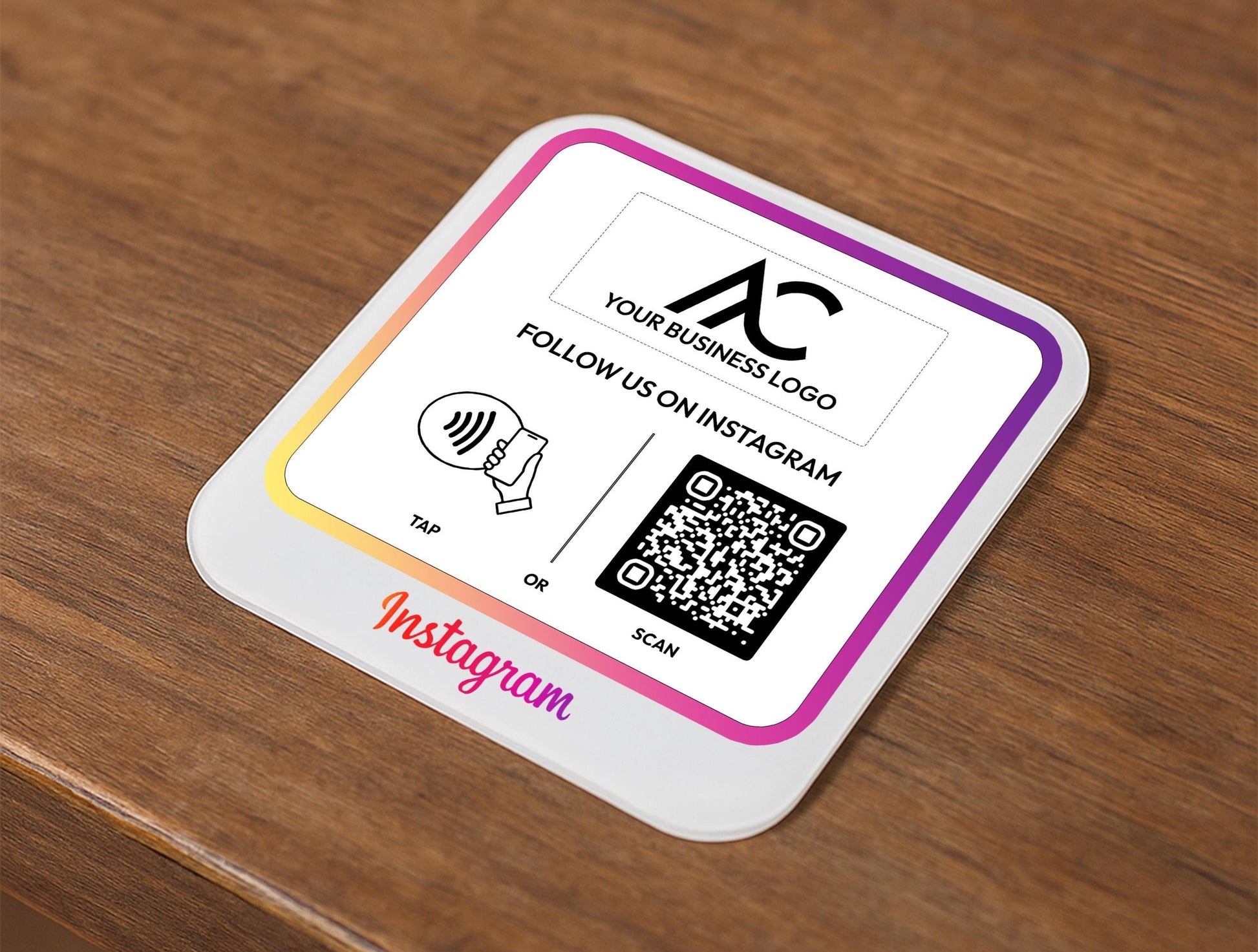 Close-Up of QR Code Table Sign with Instagram Handle and Custom Business Logo