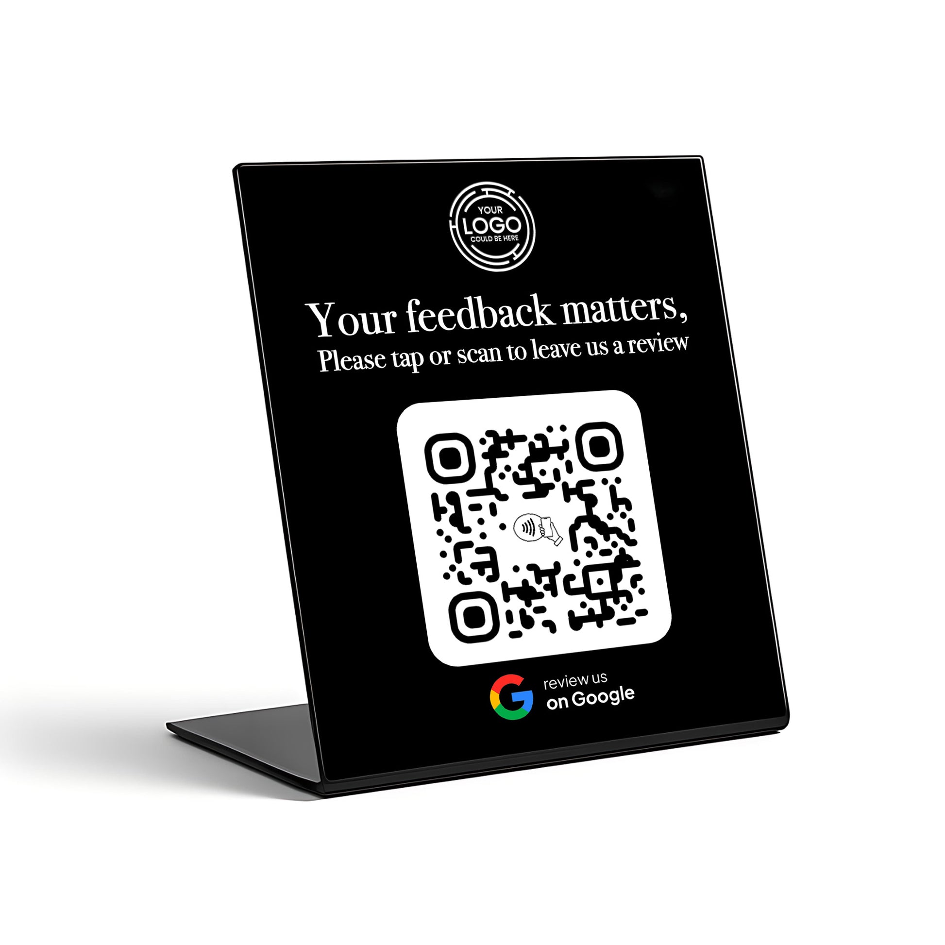 a black sign with a QR code on it, along with instructions for leaving a review.