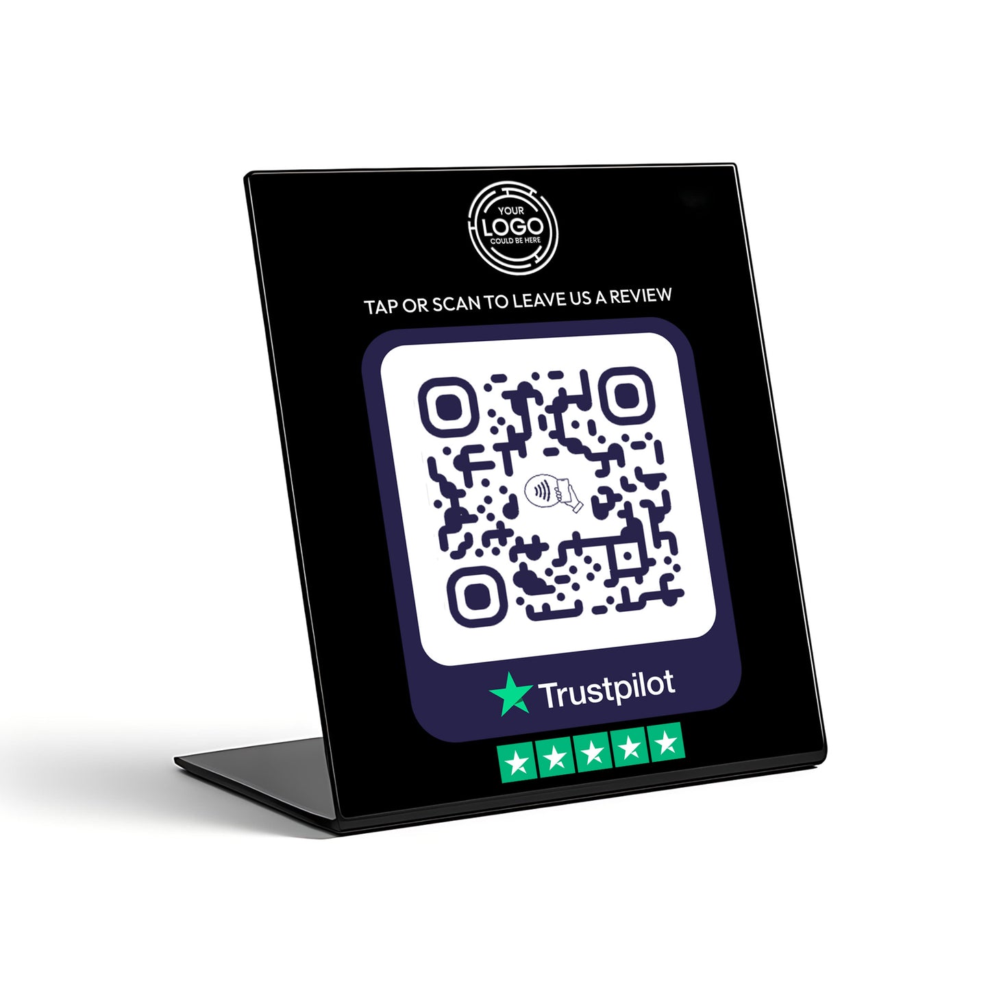 a black stand with a QR code on it, and there is a logo and a rating system displayed below the QR code.