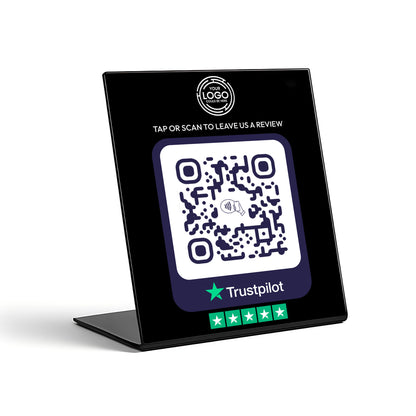 a black stand with a QR code on it, and there is a logo and a rating system displayed below the QR code.