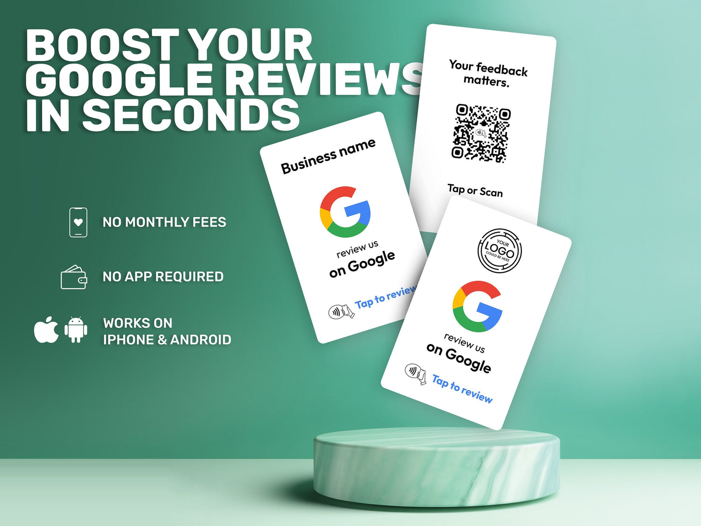 Prepare to elevate your online presence with a simple tap! Secure your Custom Google Review card today and effortlessly gather those coveted 5-star reviews.