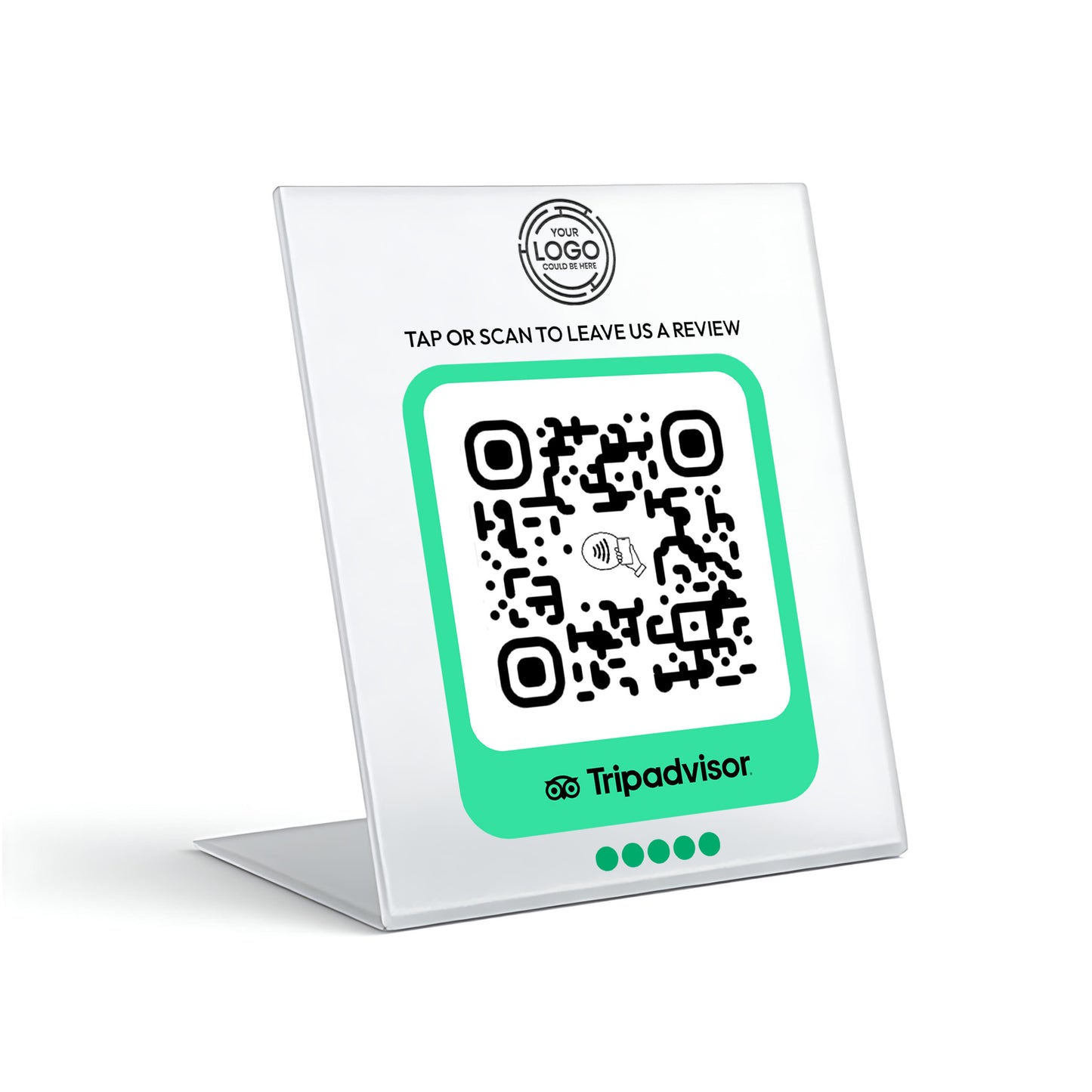 a white sign with a QR code on it, placed on a white surface.