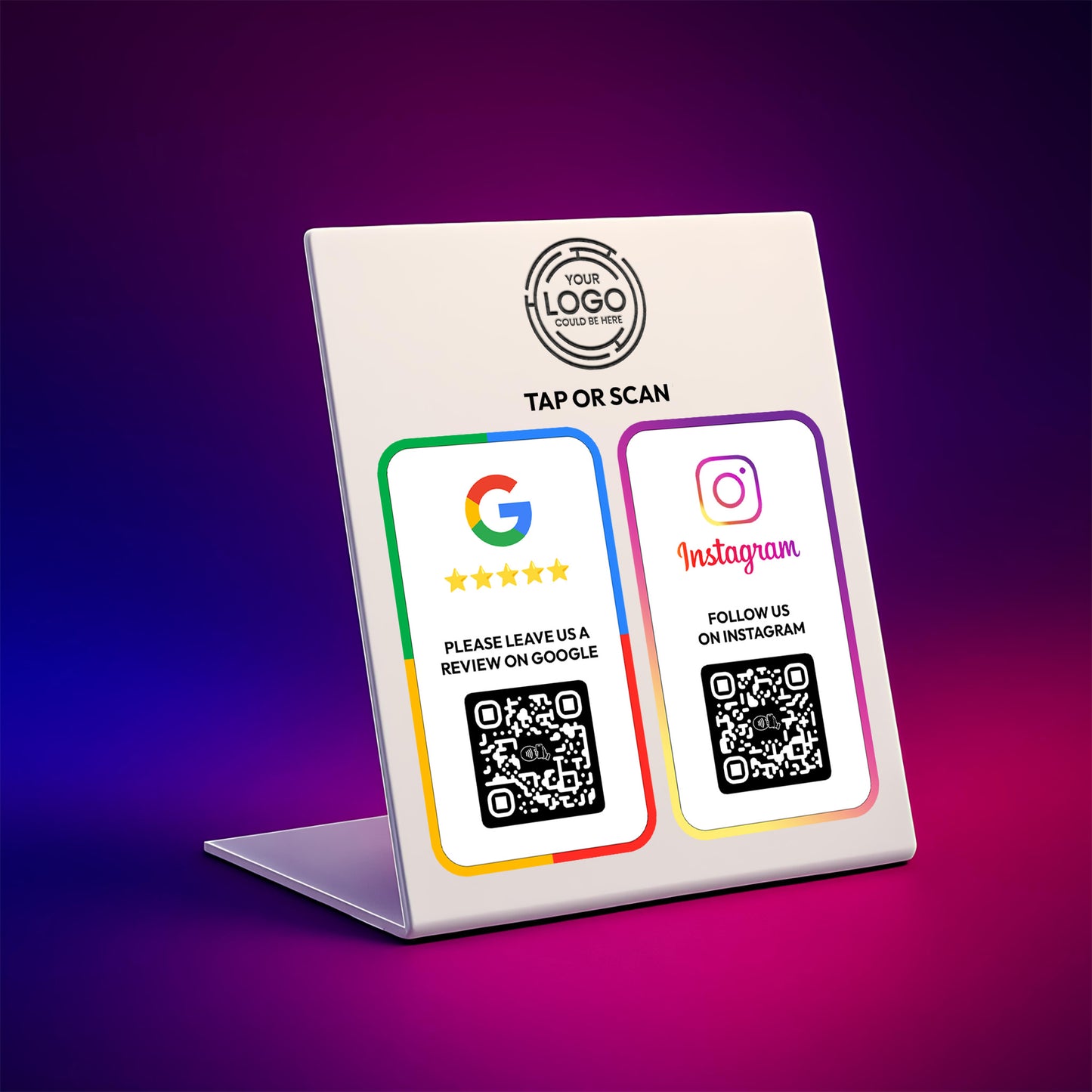 a sign with instructions for using QR codes, specifically for Google and Instagram. The sign is placed on a laptop, suggesting it is a promotional or informational sign.