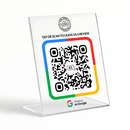 a QR code on a stand, which is a common method for users to leave reviews or provide feedback. The QR code is displayed in a clear plastic stand, and there is a Google logo at the bottom of the image.