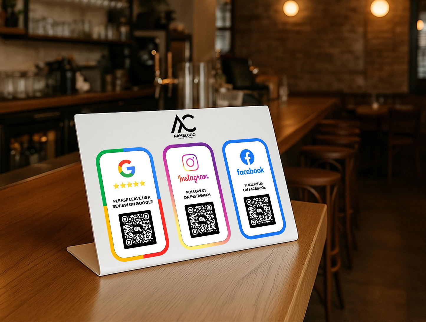 Contactless business display sign in use on front desk – tap or scan to access social media, reviews, or payment pages