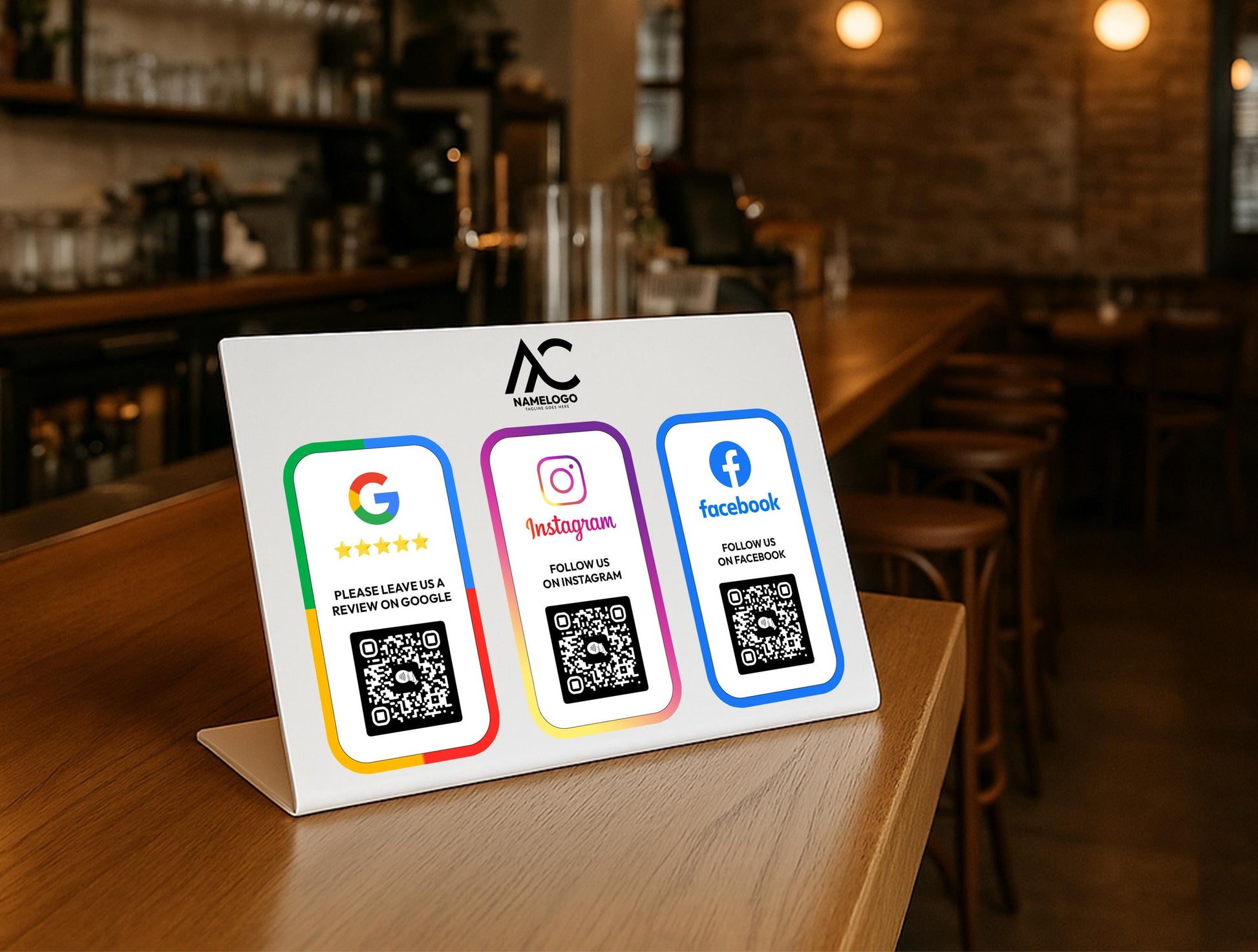 Contactless business display sign in use on front desk – tap or scan to access social media, reviews, or payment pages