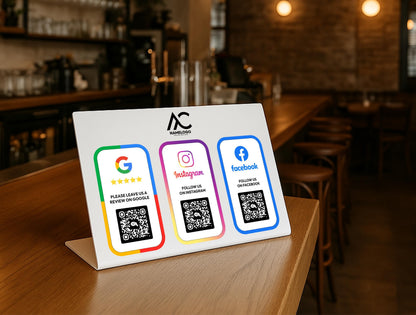 Contactless business display sign in use on front desk – tap or scan to access social media, reviews, or payment pages