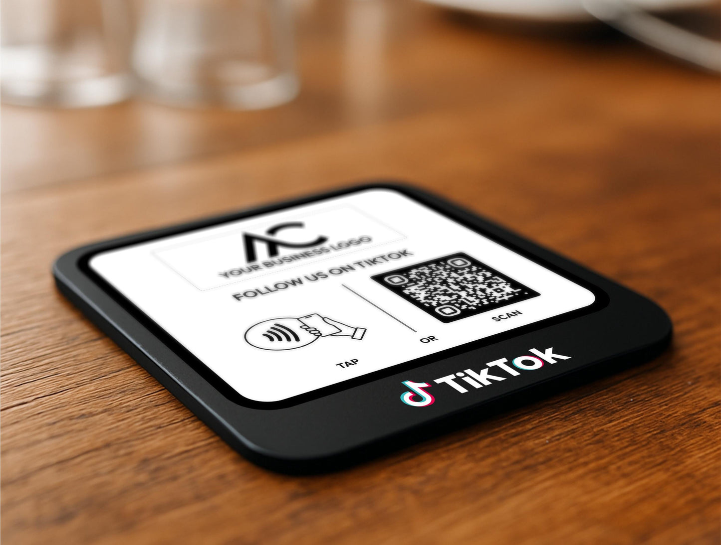 Black Acrylic Social Media Table Sign Featuring TikTok QR and Payment Icons