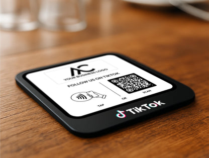 Black Acrylic Social Media Table Sign Featuring TikTok QR and Payment Icons