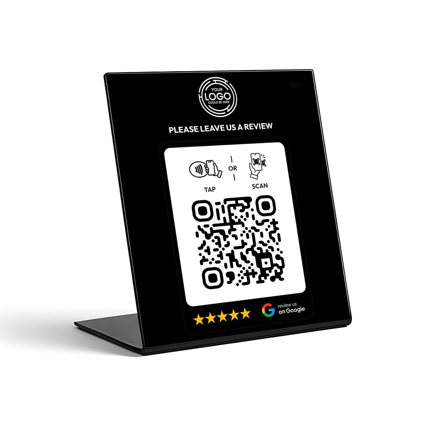 a black sign with a QR code and instructions for users to leave a review.