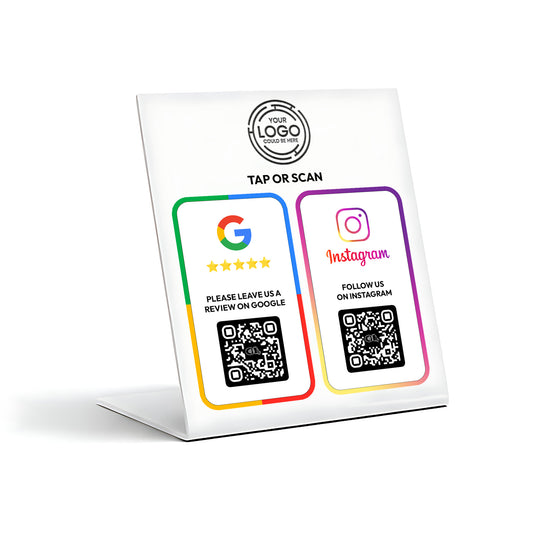 a sign with instructions for using QR codes, including instructions for leaving a review on Google and following someone on Instagram.