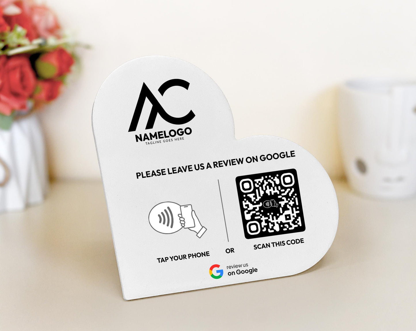 Heart-Shaped Google Review Plaque: NFC Tap & QR Code Sign