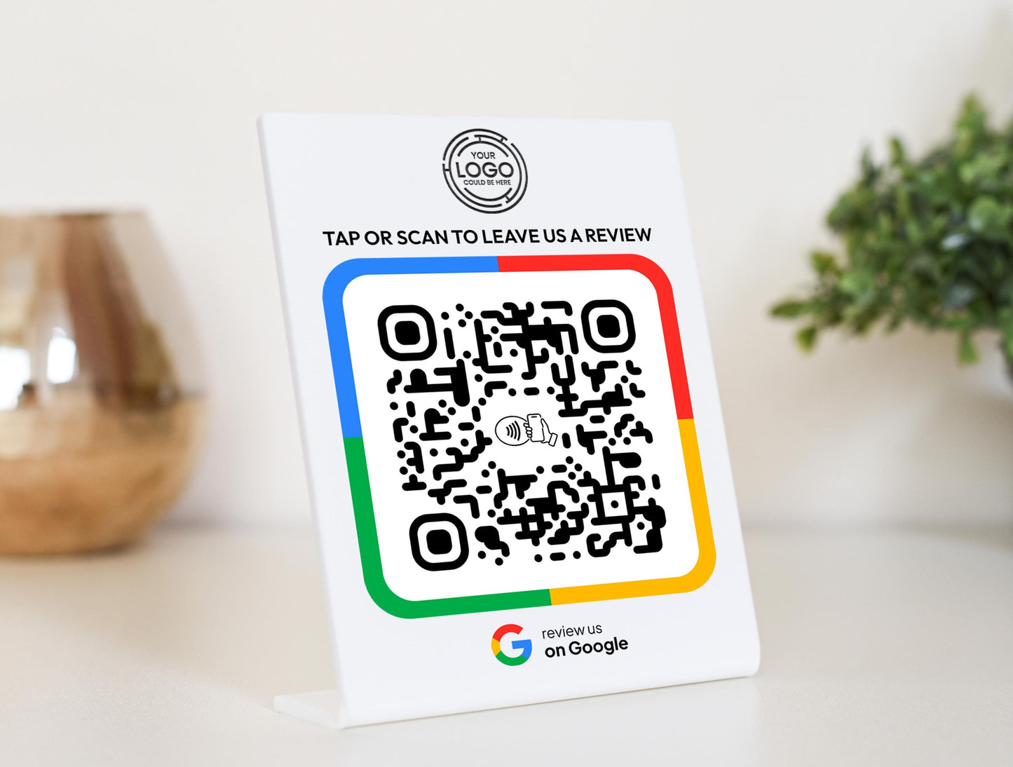 Detailed view of NFC tap and QR code on a Google Review Plaque – Customers can scan or tap their smartphone for instant review submission. No extra apps required!