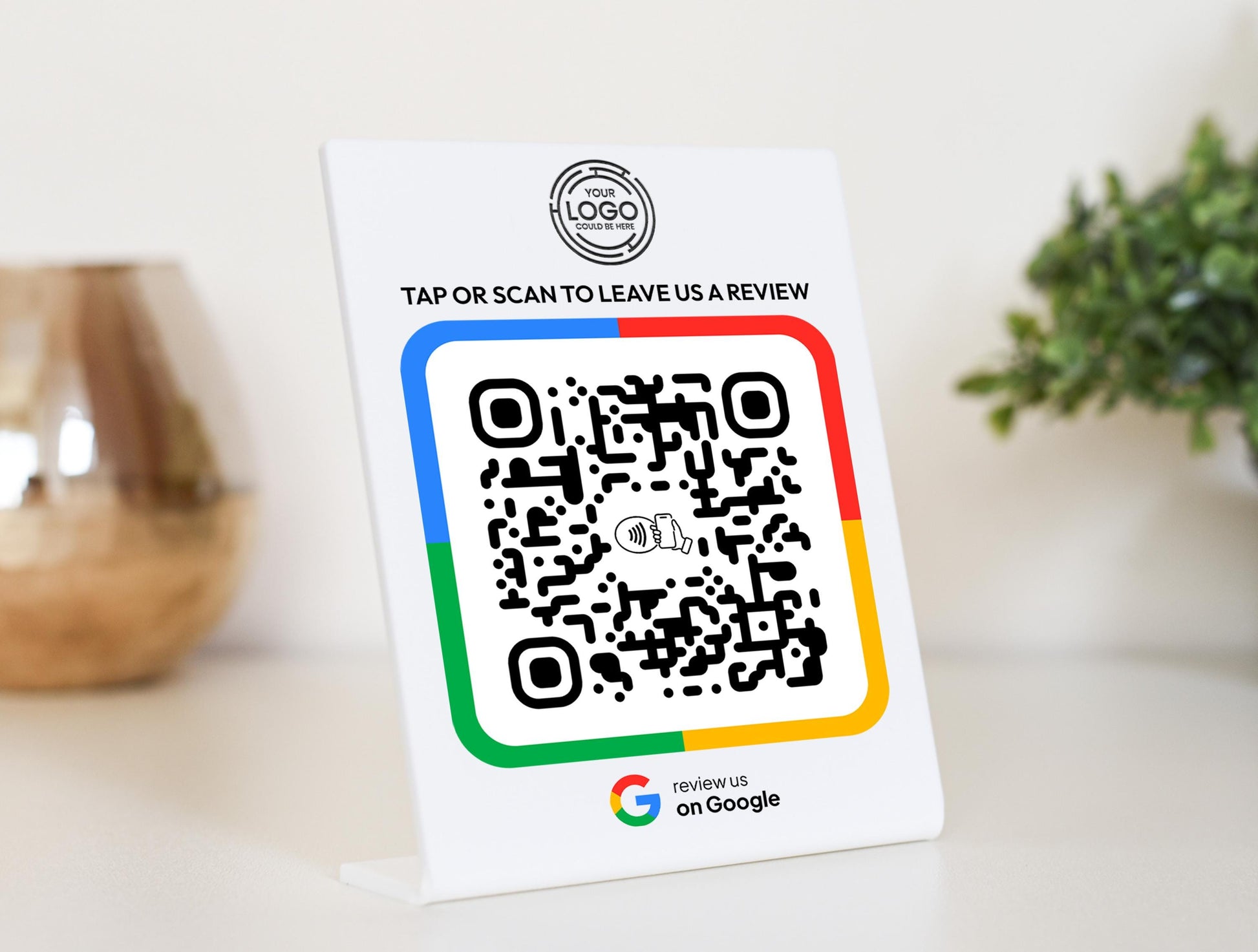 Detailed view of NFC tap and QR code on a Google Review Plaque – Customers can scan or tap their smartphone for instant review submission. No extra apps required!
