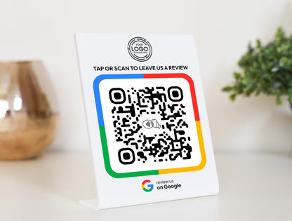 Detailed view of NFC tap and QR code on a Google Review Plaque – Customers can scan or tap their smartphone for instant review submission. No extra apps required!