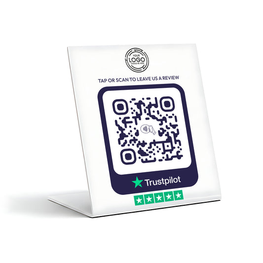 a QR code on a white stand, with a green star and a "Trustpilot" logo below it.