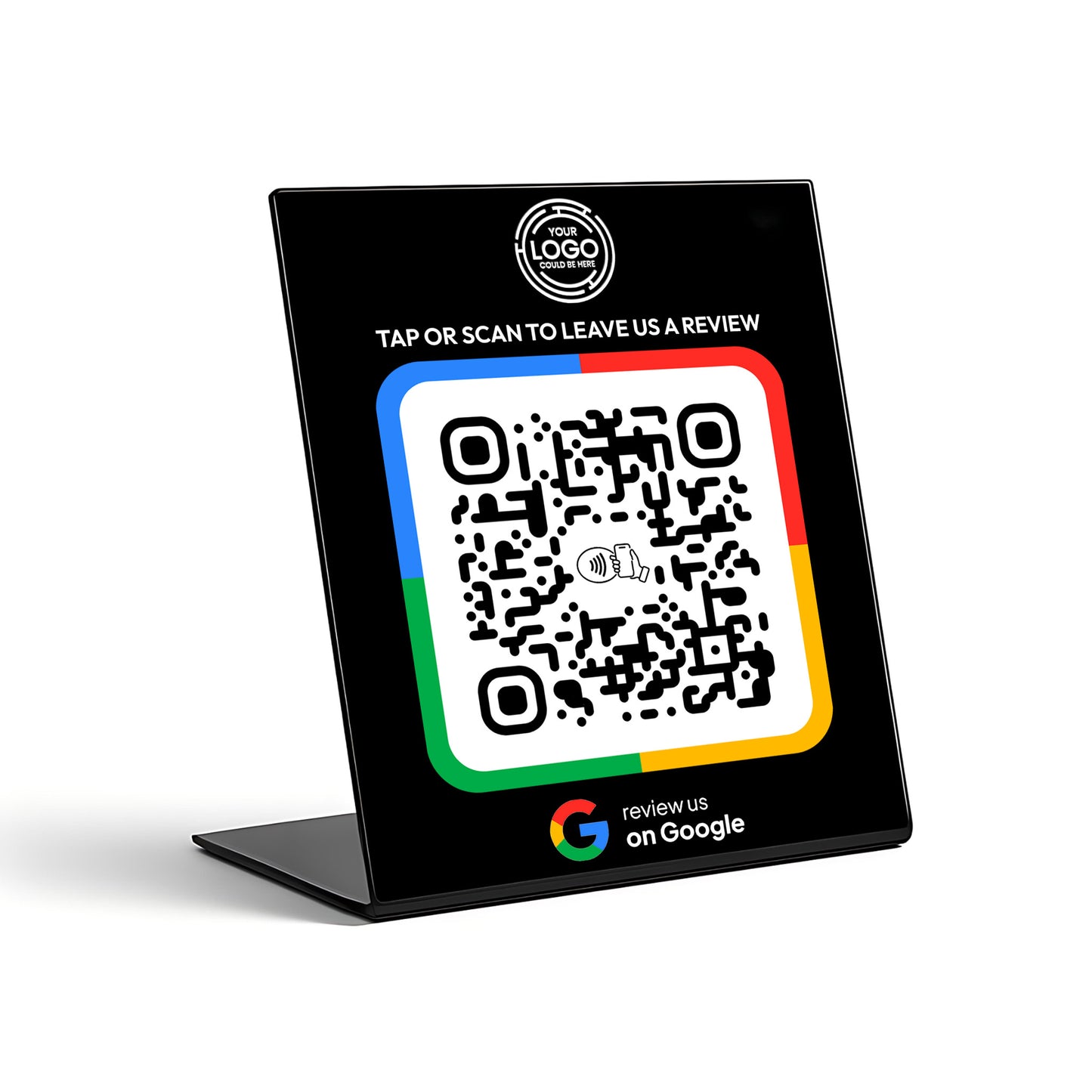 a QR code on a black stand, with the text "TAP OR SCAN TO LEAVE US A REVIEW" and "REVIEW US on Google" displayed on it.