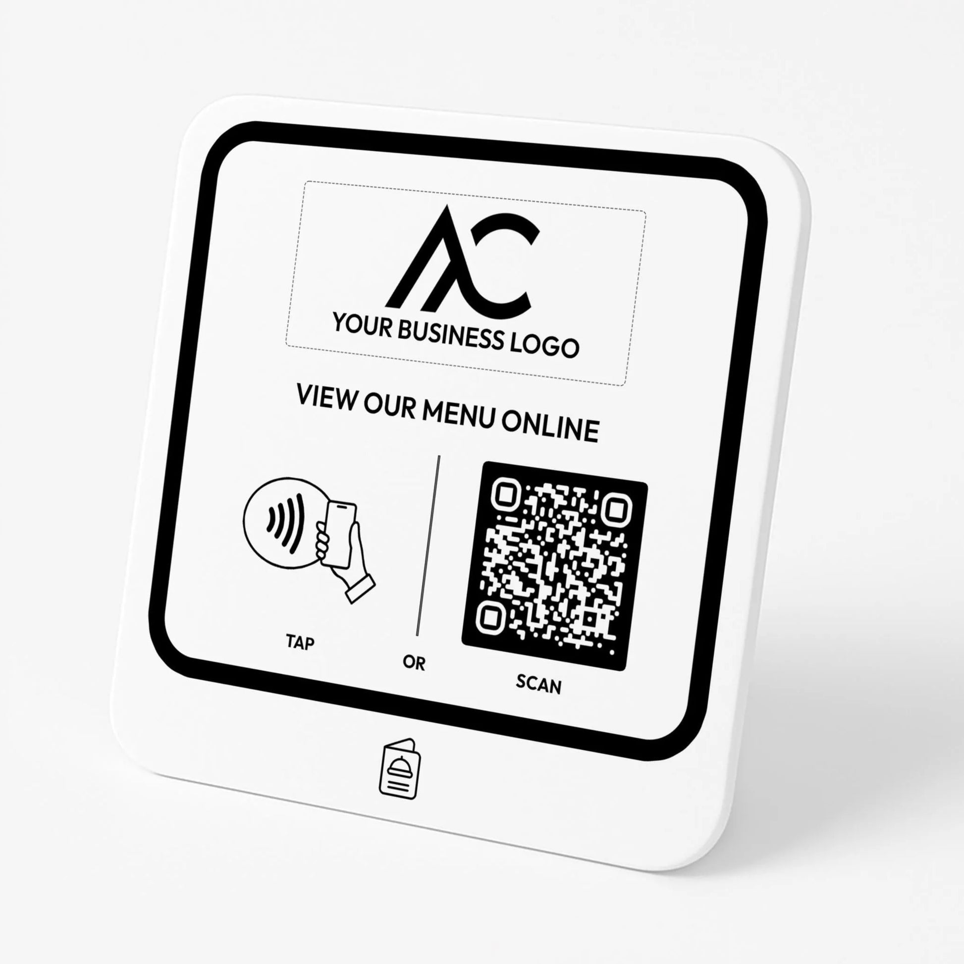 The image is a sign with a QR code and instructions for viewing a menu online.