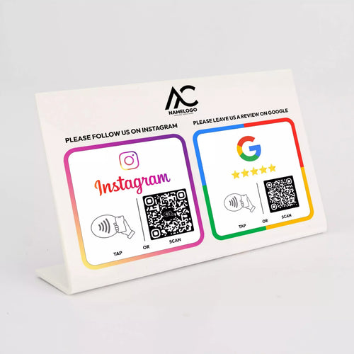 a sign with instructions for using Instagram and Google reviews.