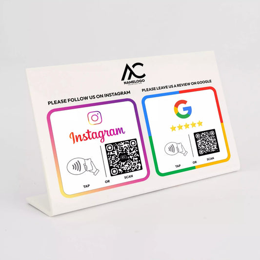 a sign with instructions for using Instagram and Google reviews.