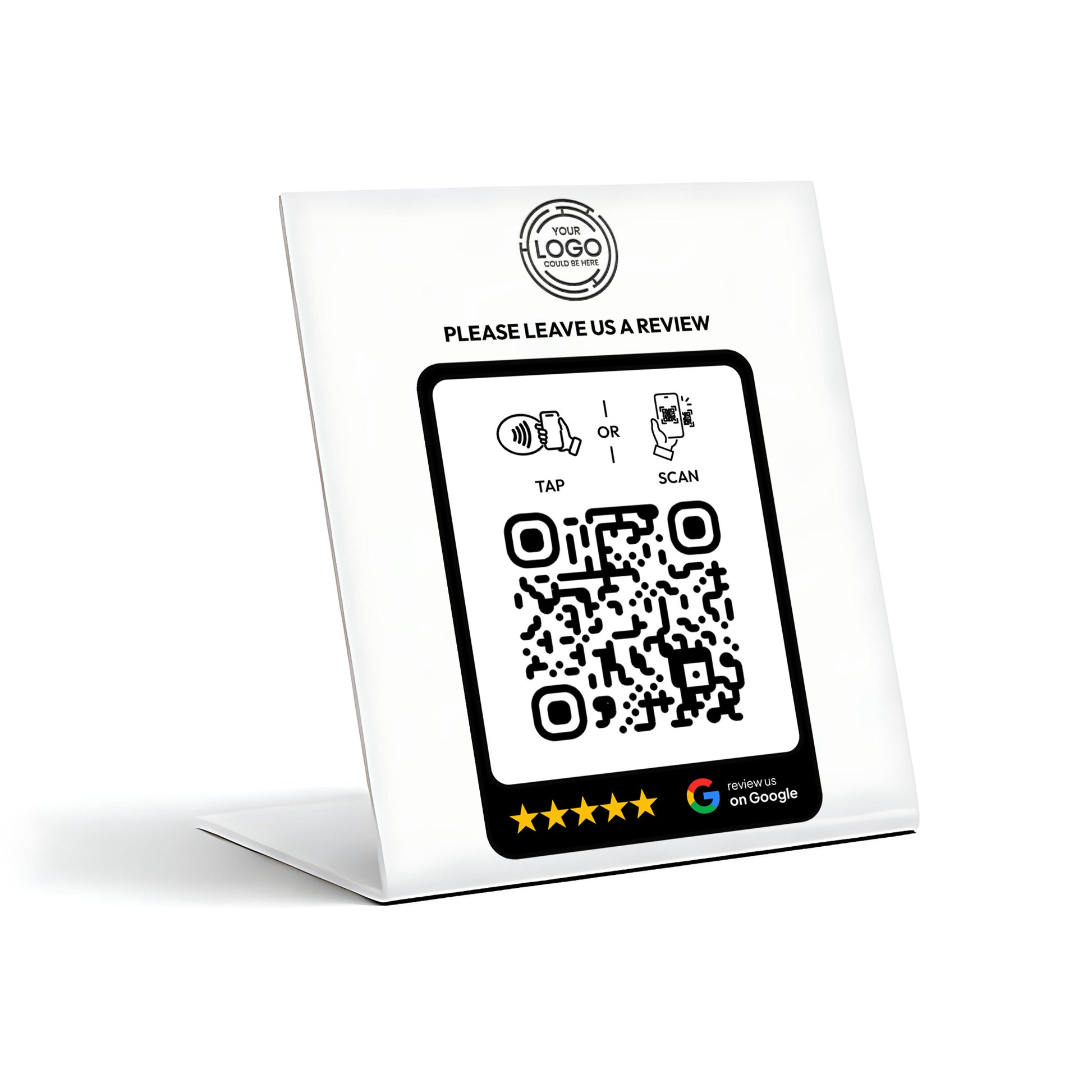 a QR code on a white stand, accompanied by a message asking to leave a review.