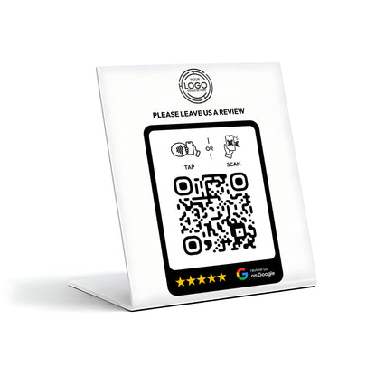 a QR code on a white stand, accompanied by a message asking to leave a review.