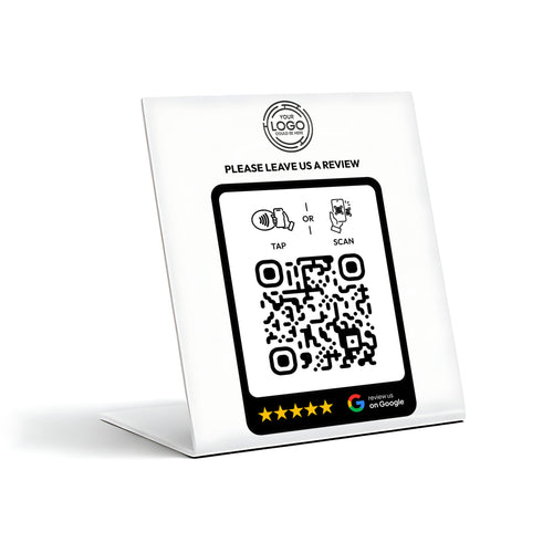 a QR code on a white stand, accompanied by a message asking to leave a review.