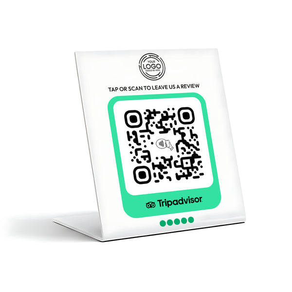 a QR code on a white stand, with the text 